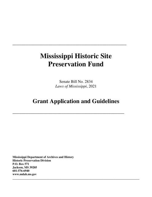 Mississippi Historic Site Preservation Fund Grant Application - Mississippi Download Pdf