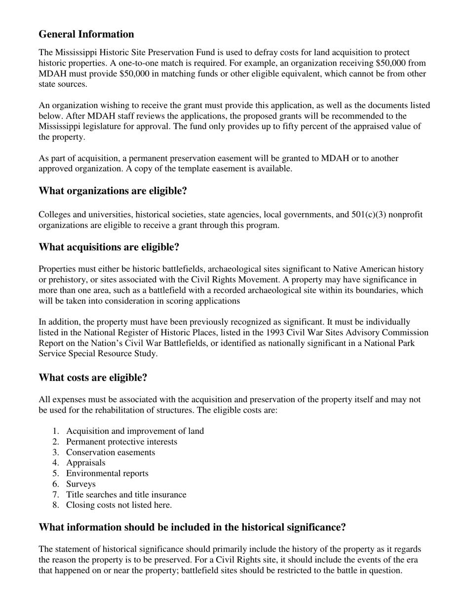 Mississippi Historic Site Preservation Fund Grant Application - Mississippi, Page 2