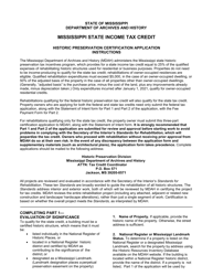 Document preview: Mississippi State Income Tax Credit Historic Preservation Certification Application - Mississippi