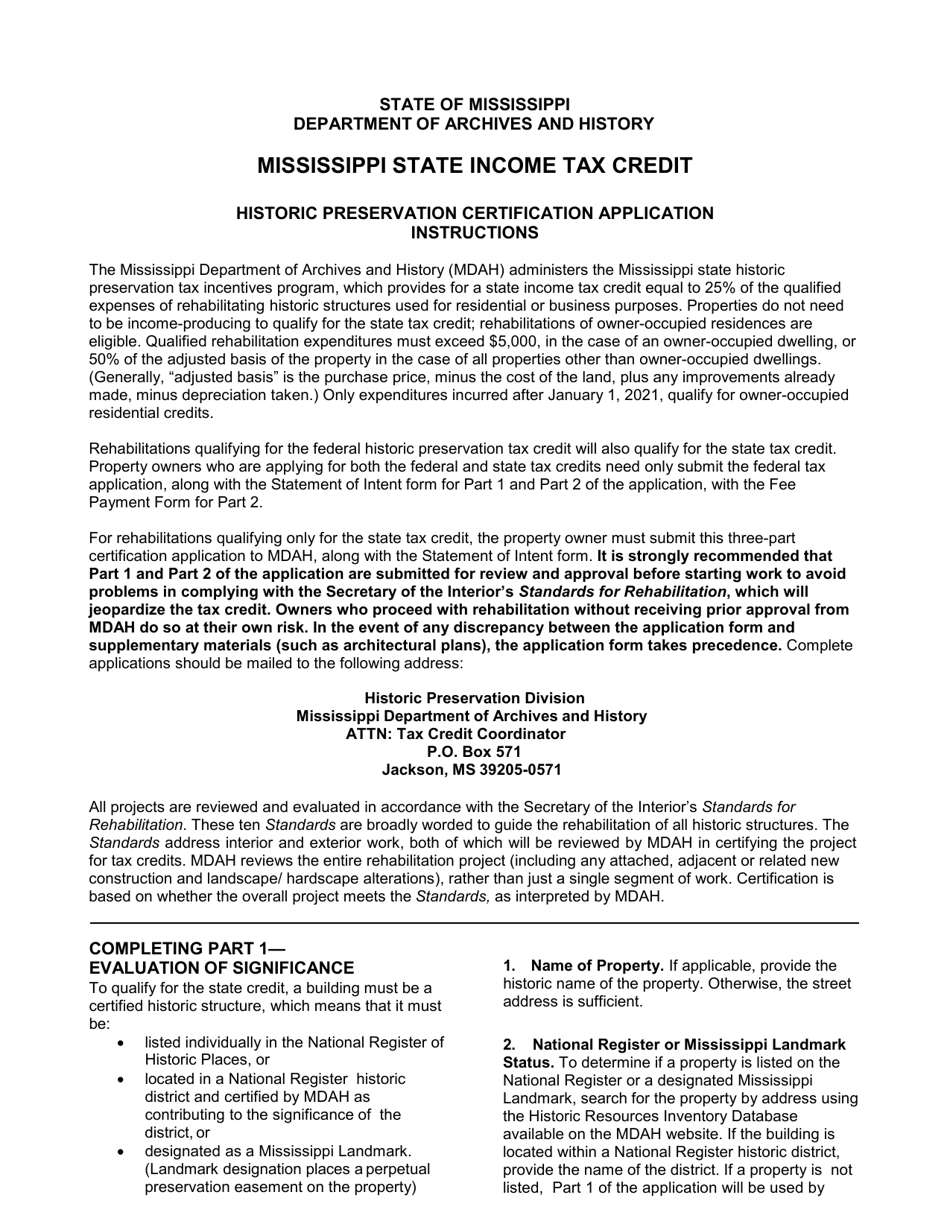 Mississippi State Income Tax Credit Historic Preservation Certification Application - Mississippi, Page 1