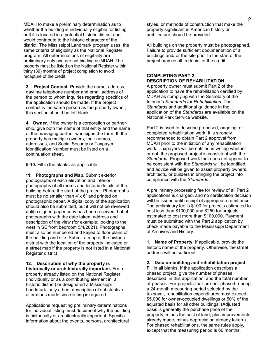 Mississippi State Income Tax Credit Historic Preservation Certification Application - Mississippi, Page 2
