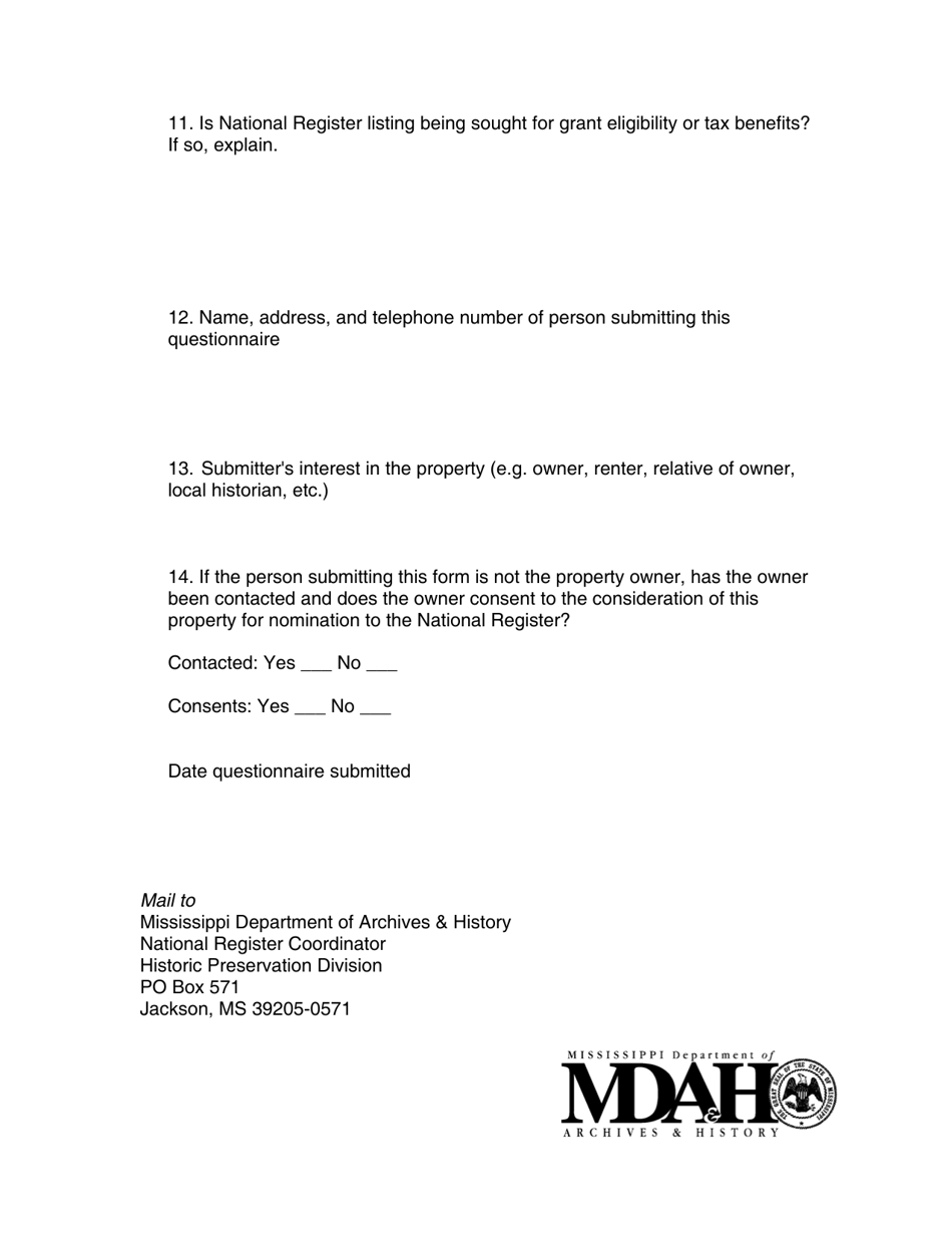 National Register of Historic Places Preliminary Evaluation Questionnaire - Mississippi, Page 3