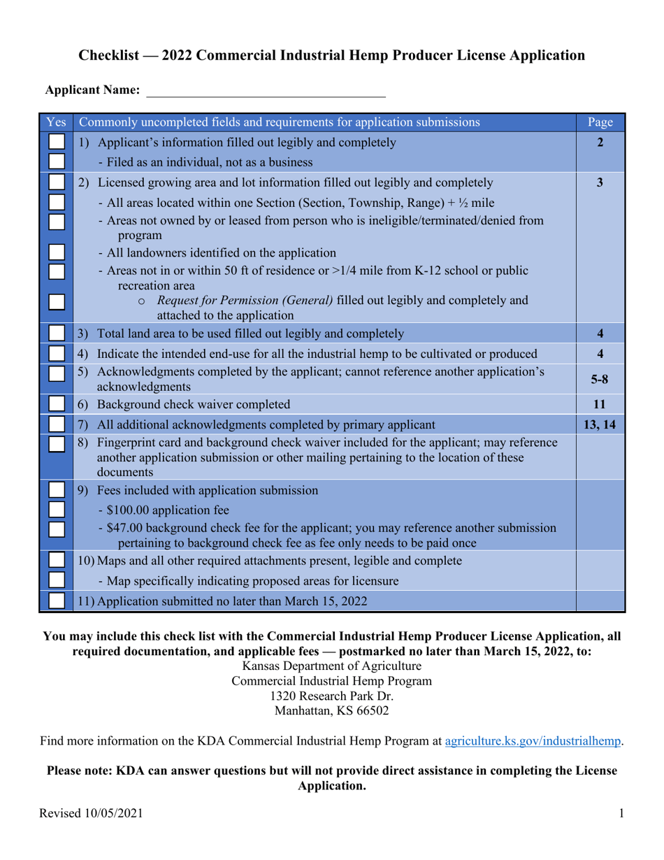 2022 Kansas Checklist Commercial Industrial Hemp Producer License