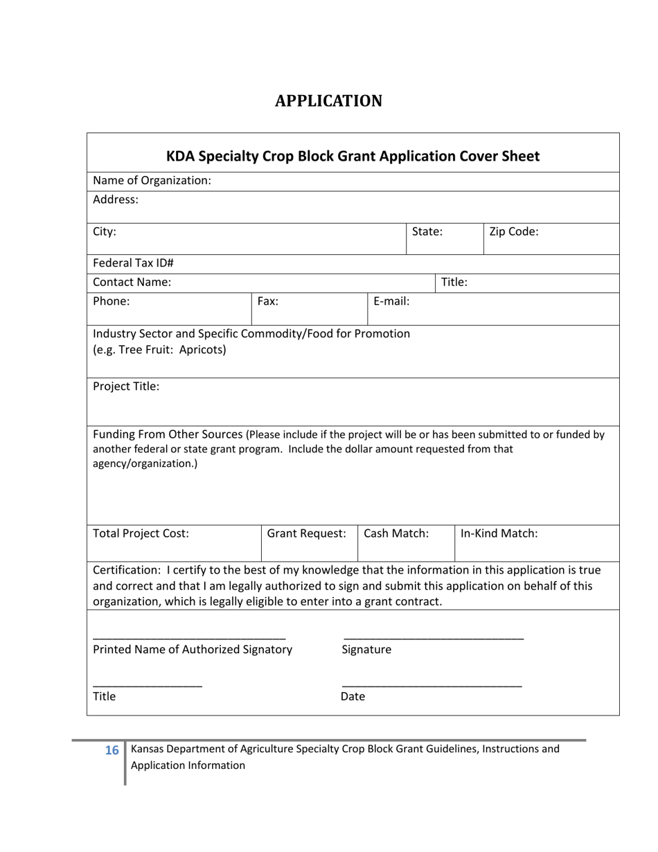Specialty Crop Block Grant Application Cover Sheet - Kansas, Page 1