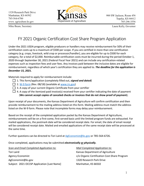 Organic Certification Cost Share Program Application - Kansas, 2021