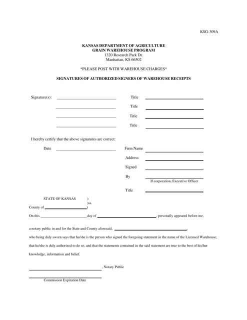 Signatures of Authorized Signers of Warehouse Receipts - Kansas Download Pdf