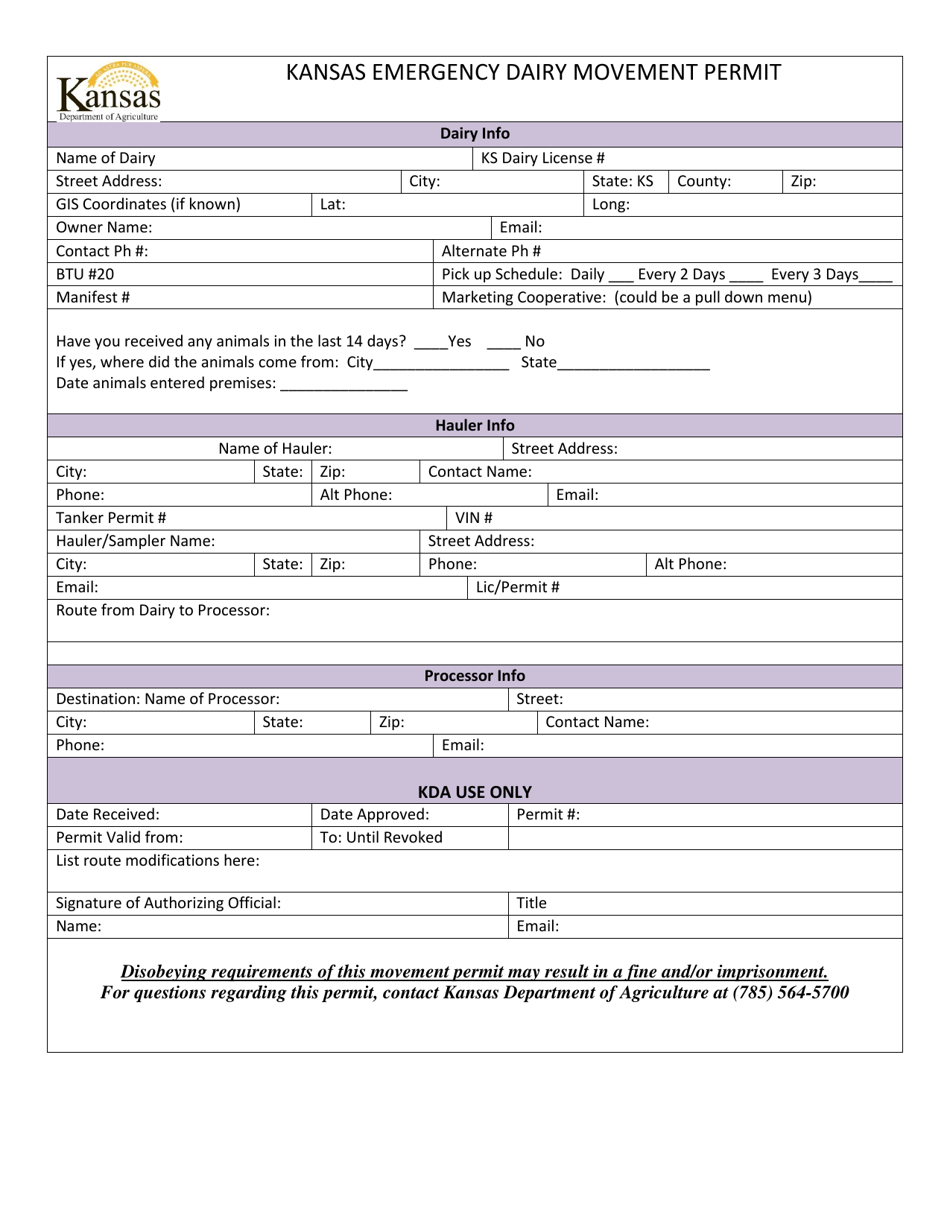 Kansas Emergency Dairy Movement Permit - Kansas, Page 1