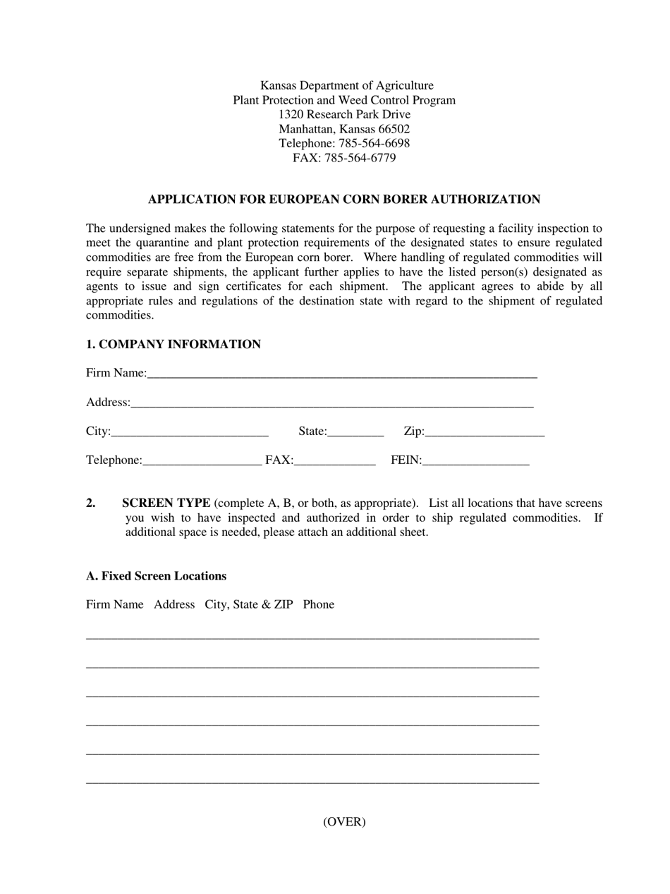 Application for European Corn Borer Authorization - Kansas, Page 1