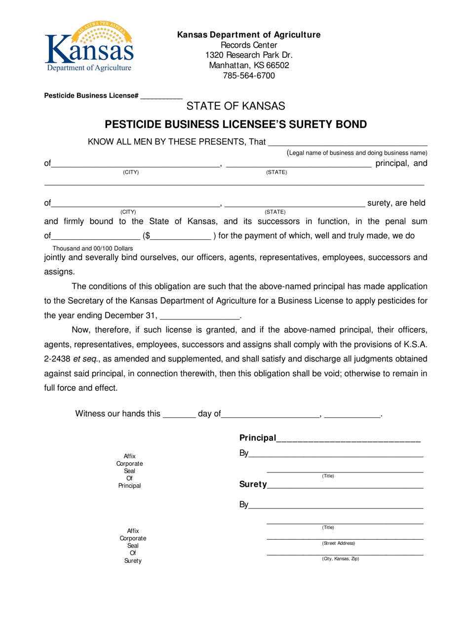 Kansas Pesticide Business Licensee's Surety Bond Fill Out, Sign