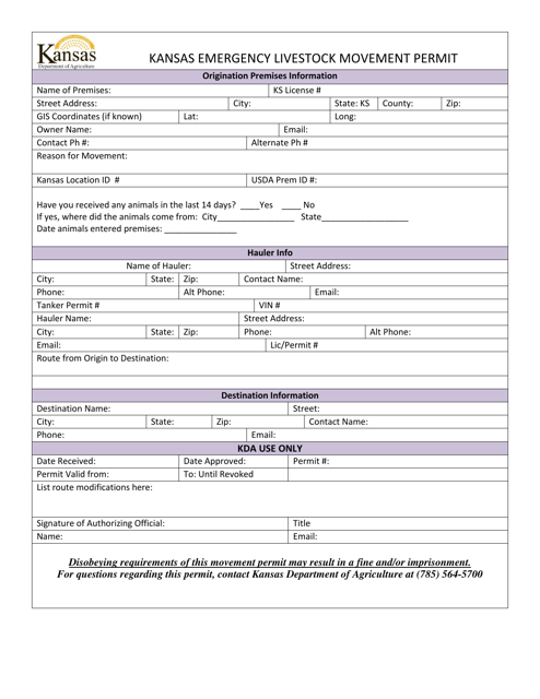 Kansas Emergency Livestock Movement Permit - Kansas