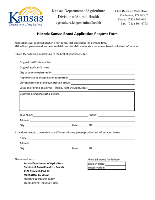 Historic Kansas Brand Application Request Form - Kansas Download Pdf