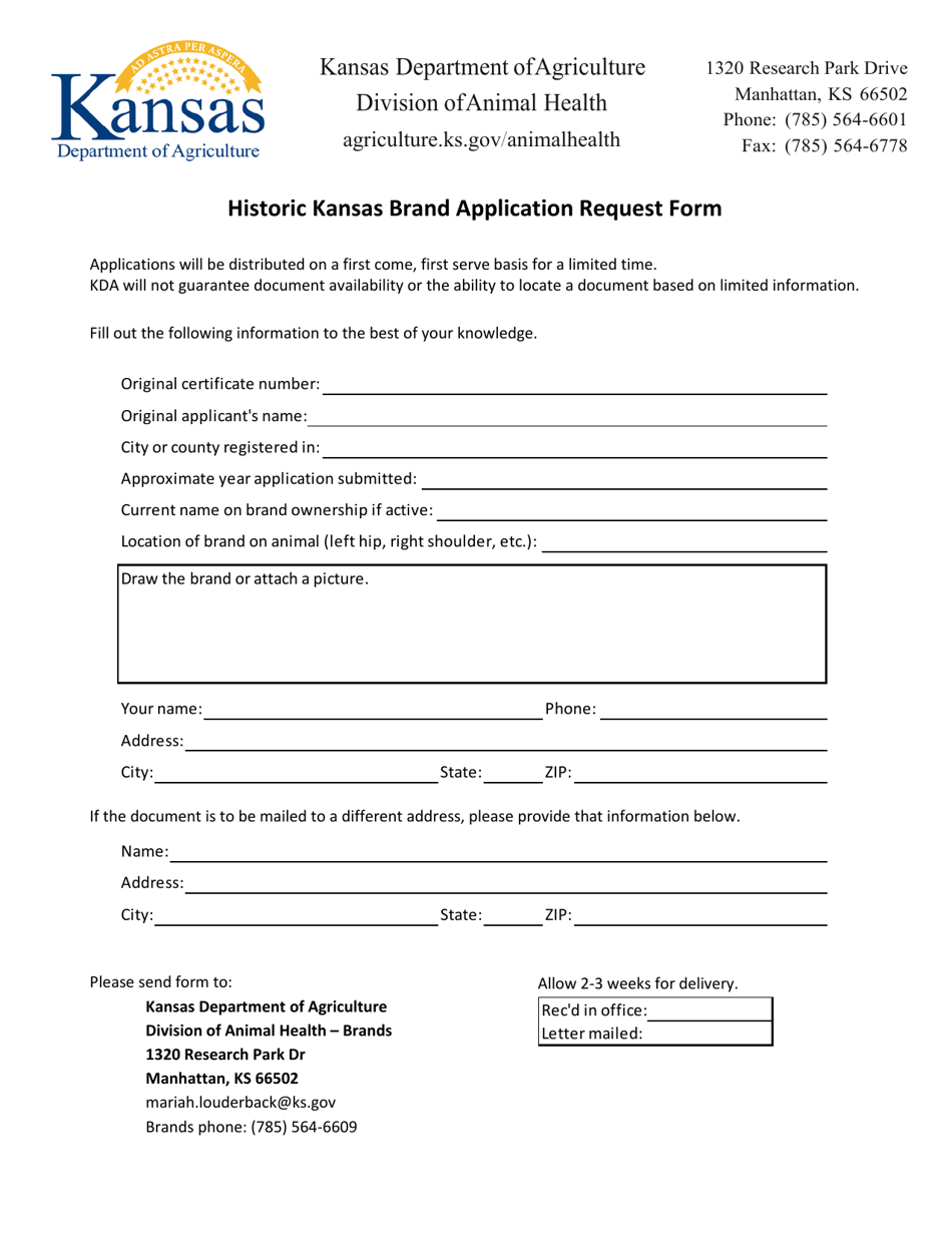 Historic Kansas Brand Application Request Form - Kansas, Page 1