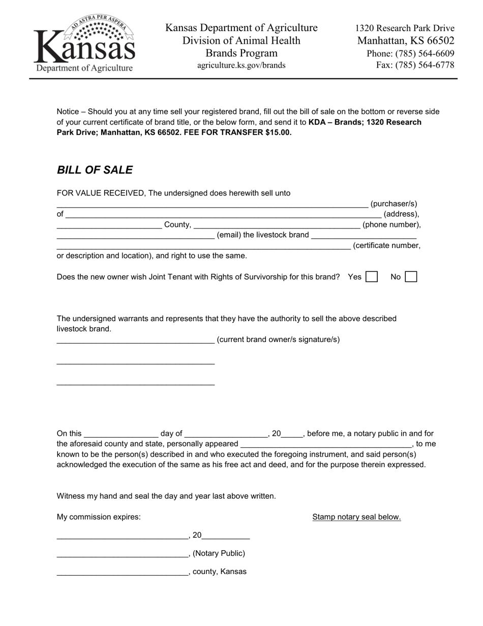 Bill of Sale for Brand Transfer - Kansas, Page 1