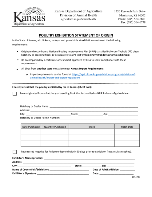 Poultry Exhibition Statement of Origin - Kansas
