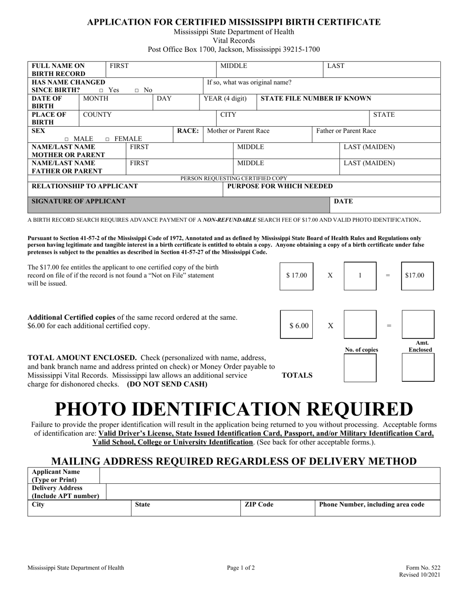Form 522 Application for Certified Mississippi Birth Certificate - Mississippi, Page 1