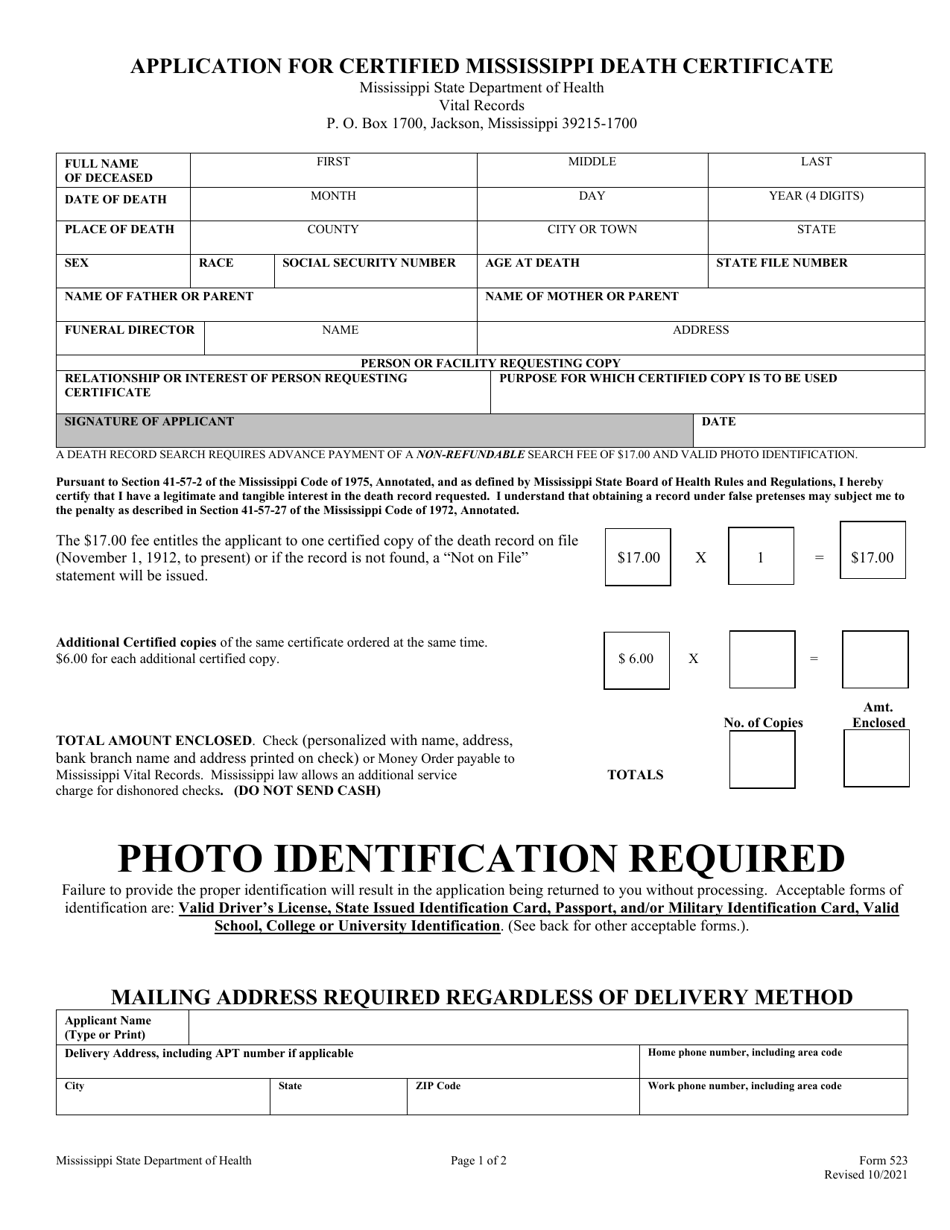 Form 523 Application for Certified Mississippi Death Certificate - Mississippi, Page 1