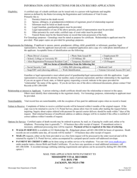 Form 523 Application for Certified Mississippi Death Certificate - Mississippi, Page 2