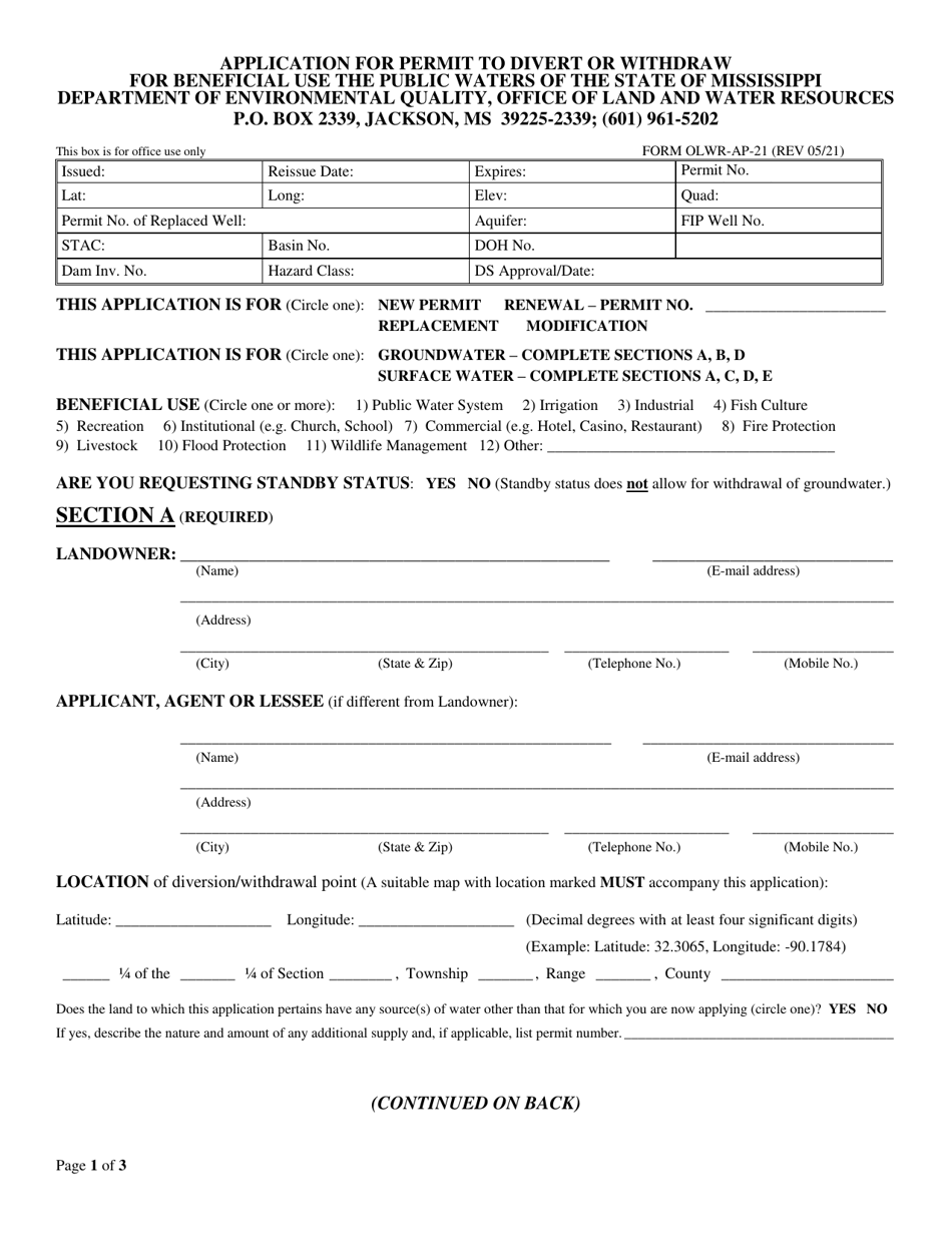 Form OLWR-AP-21 Application for Permit to Divert or Withdraw for Beneficial Use the Public Waters of the State of Mississippi - Mississippi, Page 1