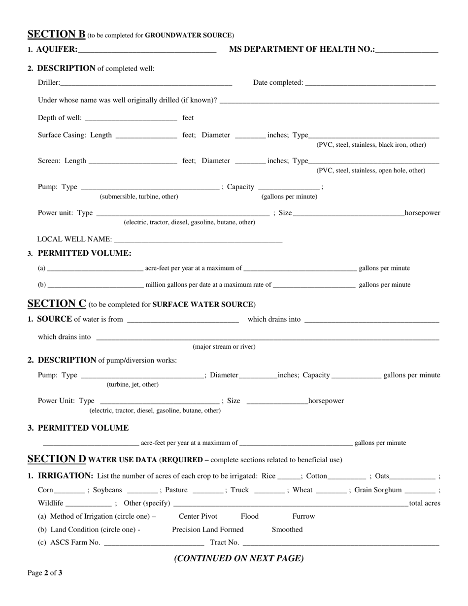 Form OLWR-AP-21 Application for Permit to Divert or Withdraw for Beneficial Use the Public Waters of the State of Mississippi - Mississippi, Page 2