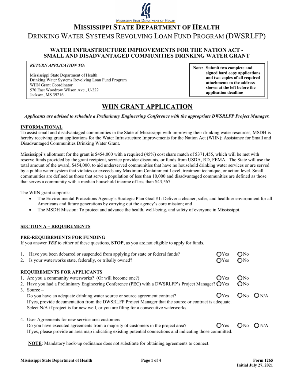 Form 1265 Wiin Grant Application - Mississippi, Page 1