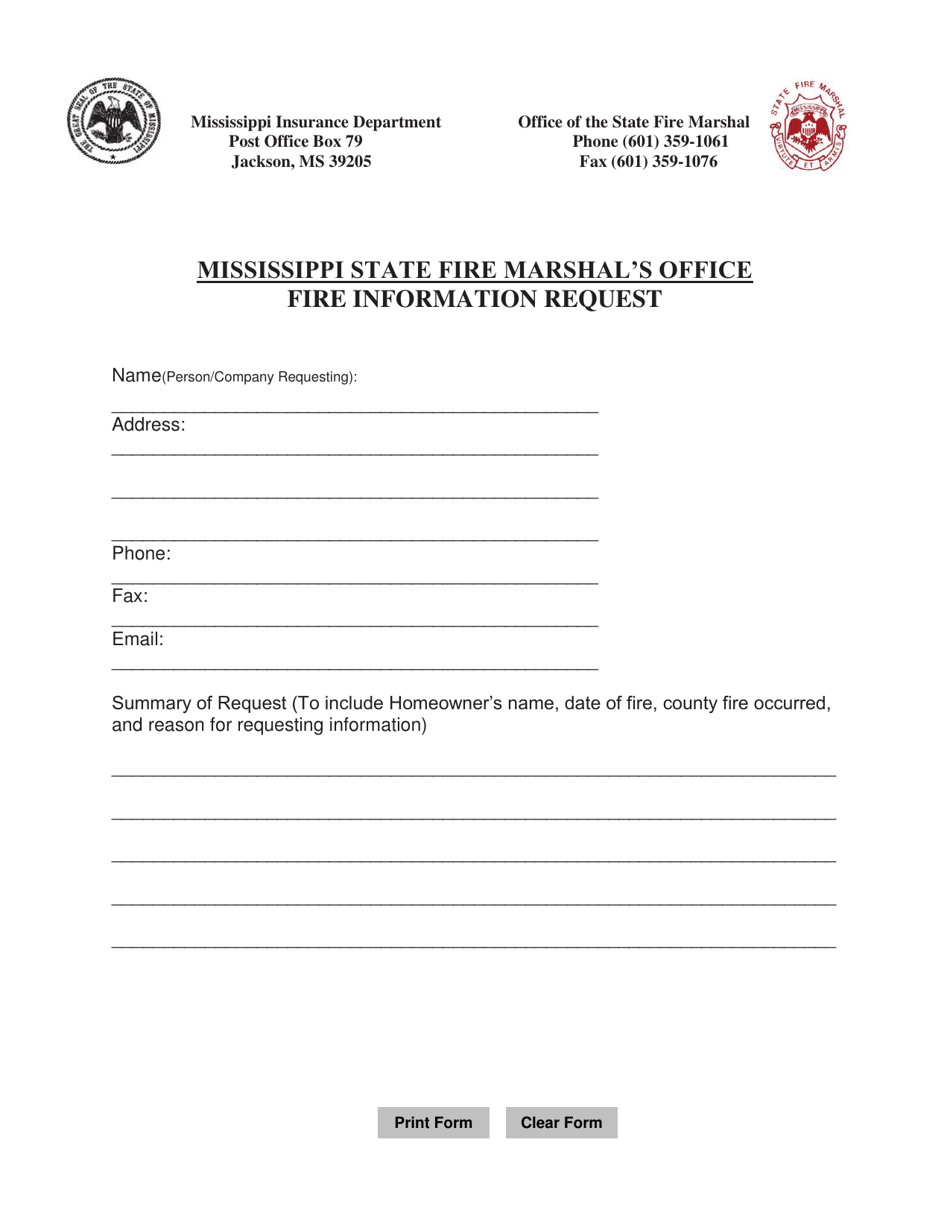 Fire Information Request - Mississippi, Page 1