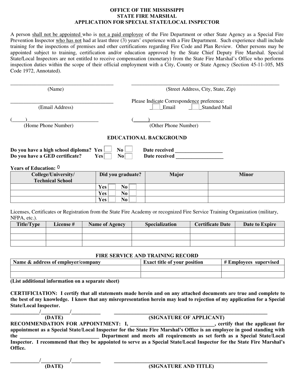 Application for Special State / Local Inspector - Mississippi, Page 1