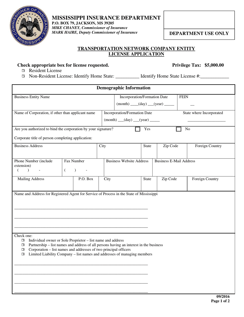 Transportation Network Company Entity License Application - Mississippi, Page 1