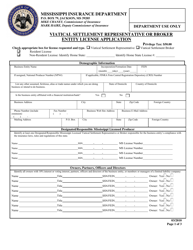Document preview: Viatical Settlement Representative or Broker Entity License Application - Mississippi