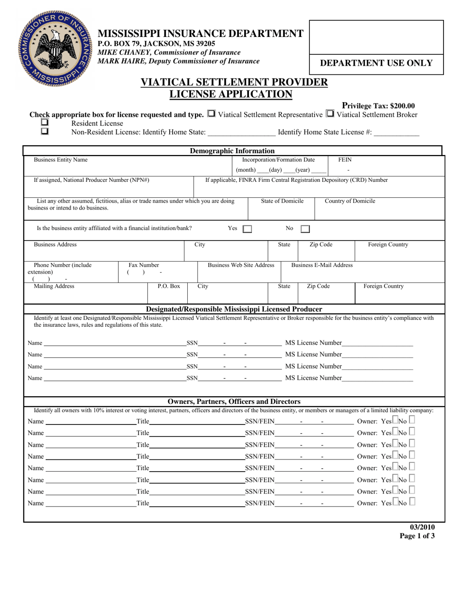 Viatical Settlement Provider License Application - Mississippi, Page 1