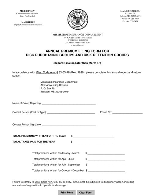 Annual Premium Filing Form for Risk Purchasing Groups and Risk Retention Groups - Mississippi Download Pdf