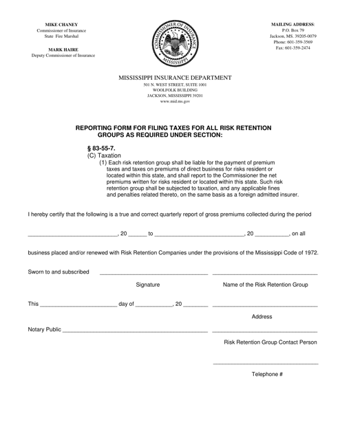 Risk Retention Group Reporting Form - Mississippi Download Pdf