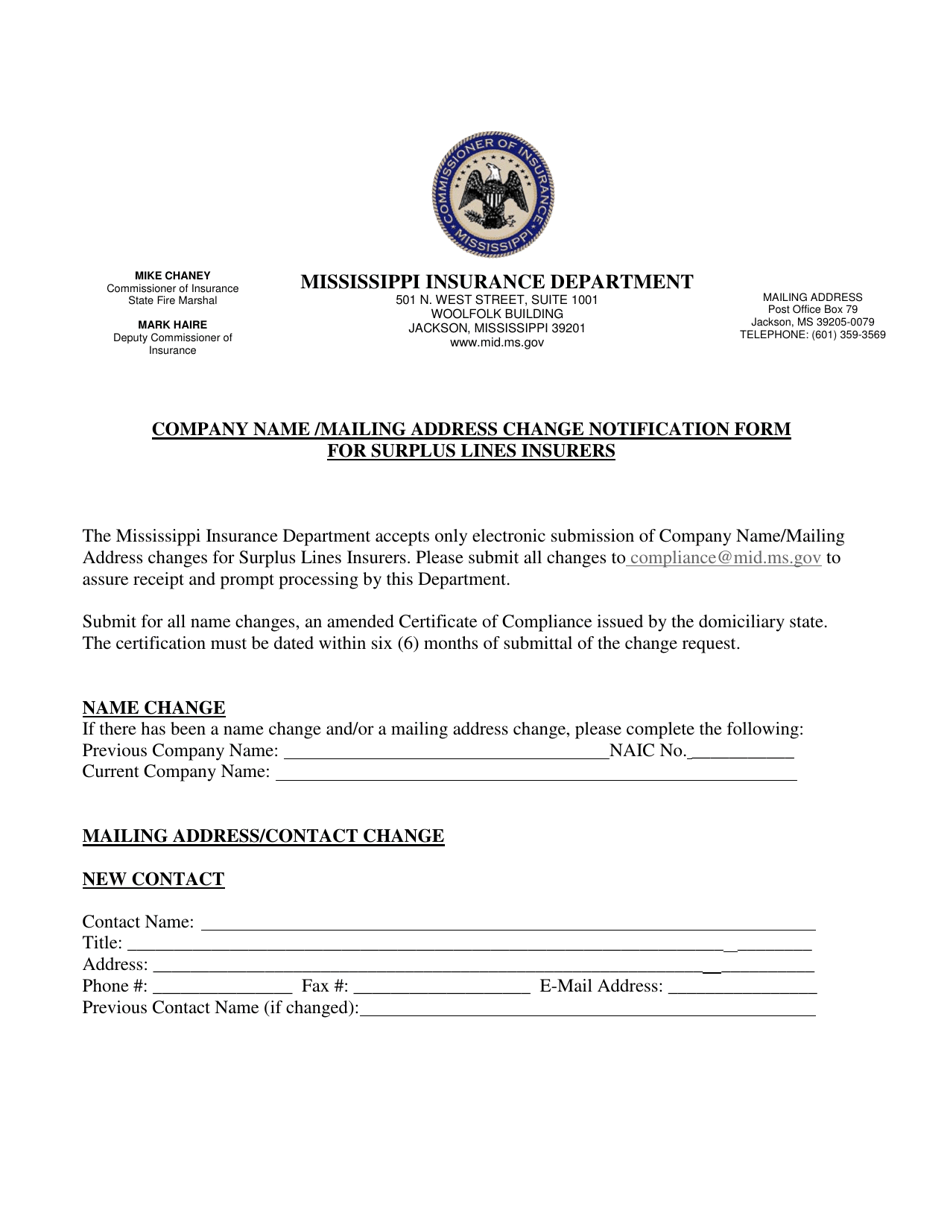Company Name / Mailing Address Change Notification Form for Surplus Line Insurers - Mississippi, Page 1