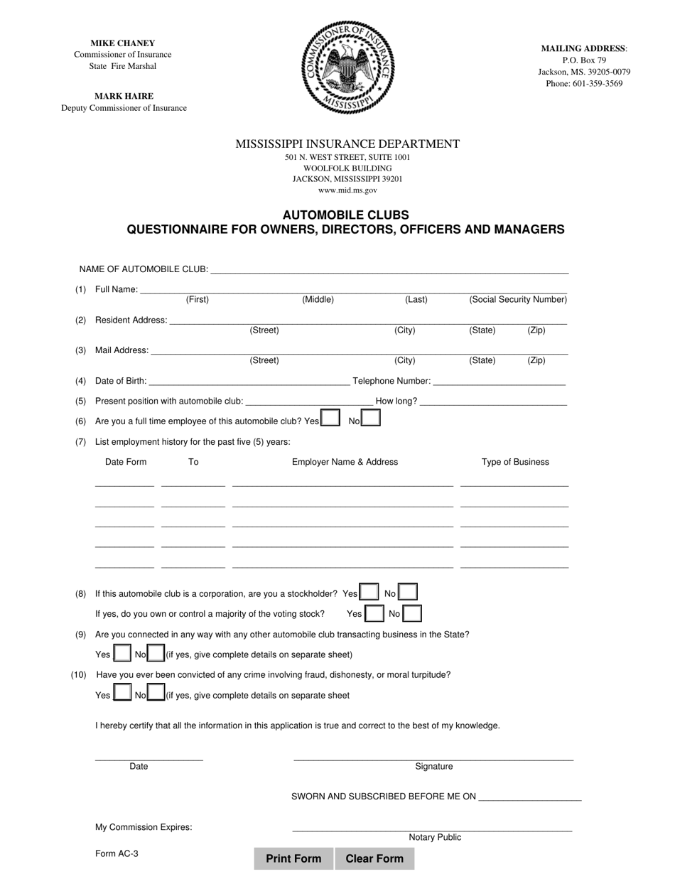 Form AC-3 Automobile Clubs Questionnaire for Owners, Directors, Officers and Managers - Mississippi, Page 1