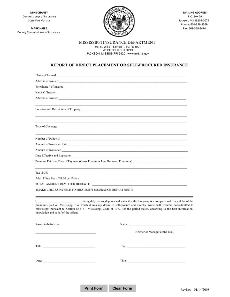 Report of Direct Placement or Self-procured Insurance - Mississippi, Page 1