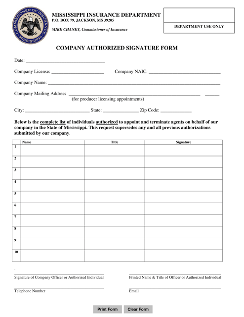 Company Authorized Signature Form - Mississippi Download Pdf
