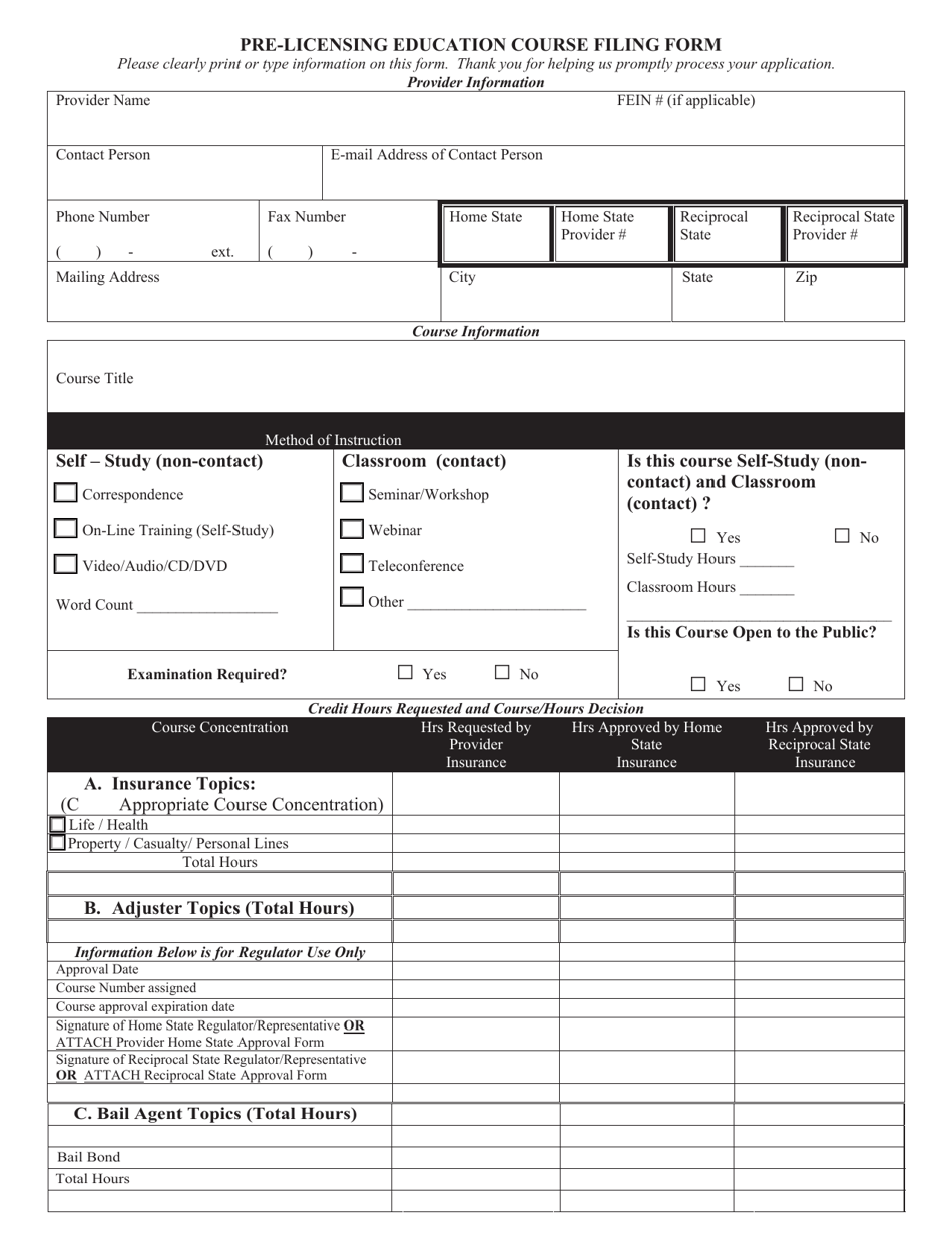 Pre-licensing Education Course Filing Form - Mississippi, Page 1