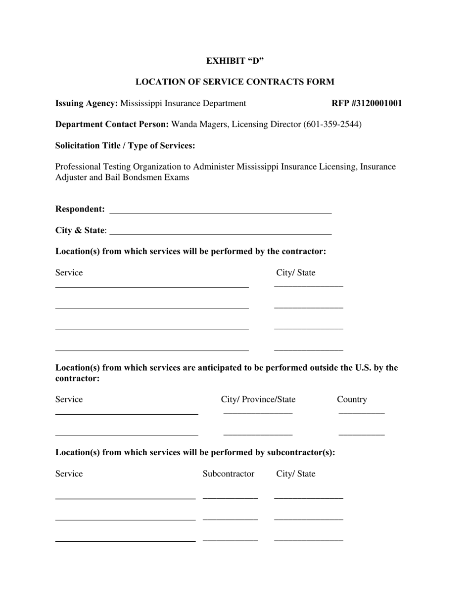 Exhibit D Location of Service Contracts Form - Mississippi, Page 1