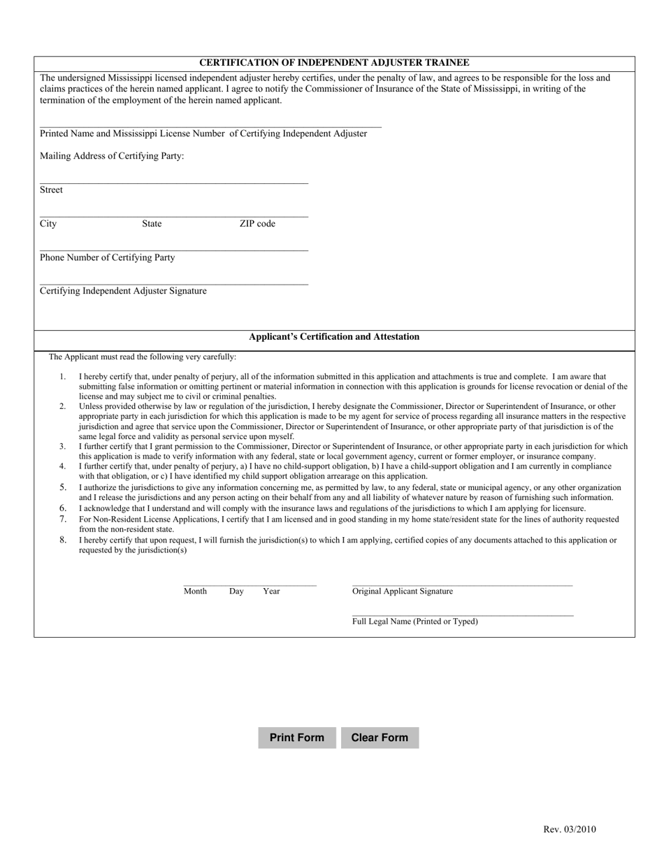 Certification of Independent Adjuster Trainee - Mississippi, Page 1