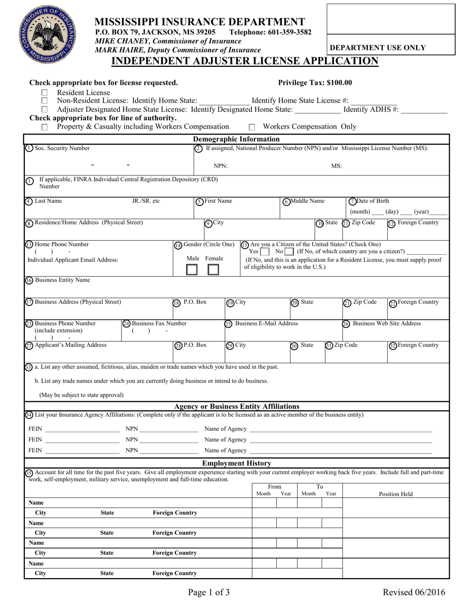 Independent Adjuster License Application - Mississippi, Page 1
