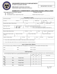 Document preview: Emergency Independent Adjuster License Application - Mississippi