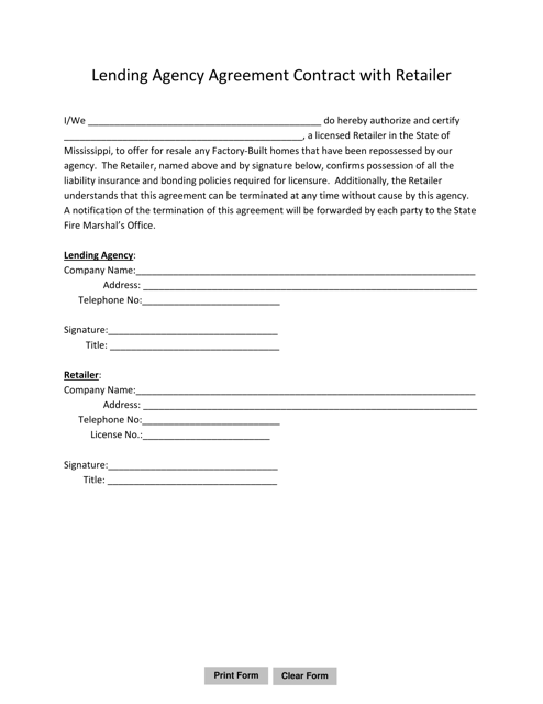 Lending Agency Agreement Contract With Retailer - Mississippi Download Pdf