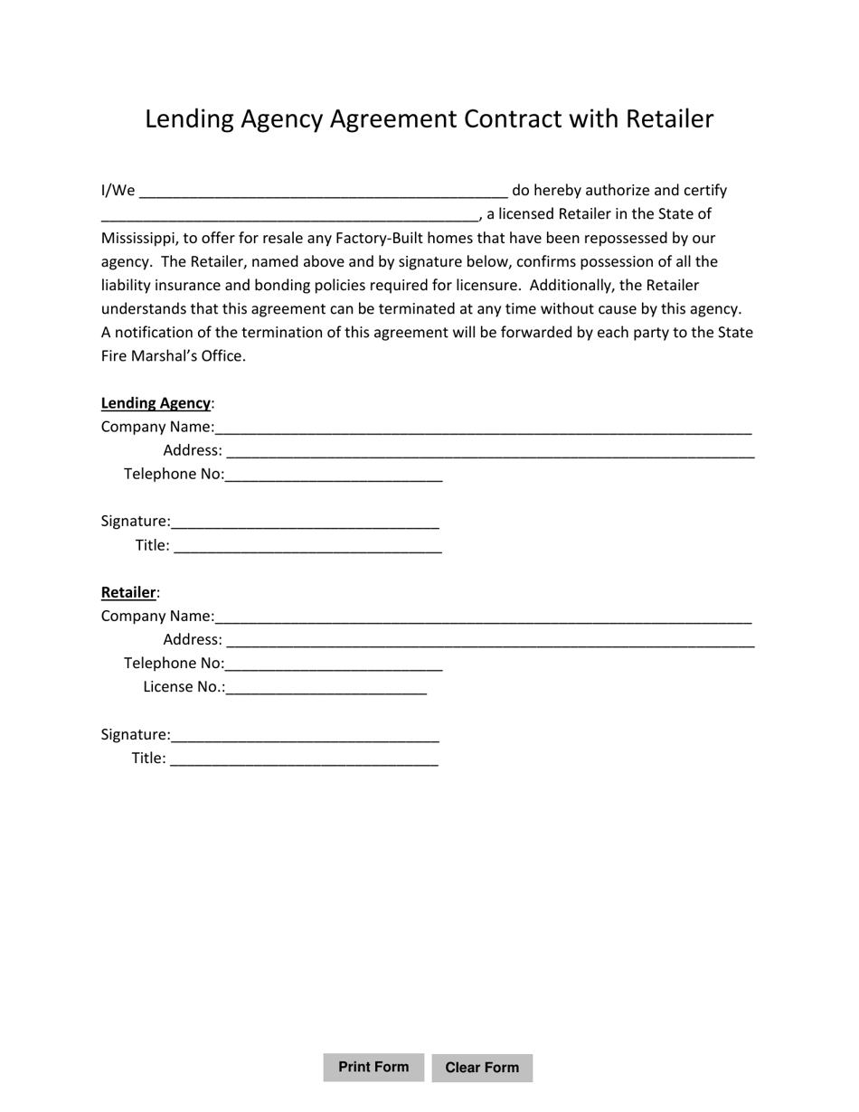 Mississippi Lending Agency Agreement Contract With Retailer Fill Out