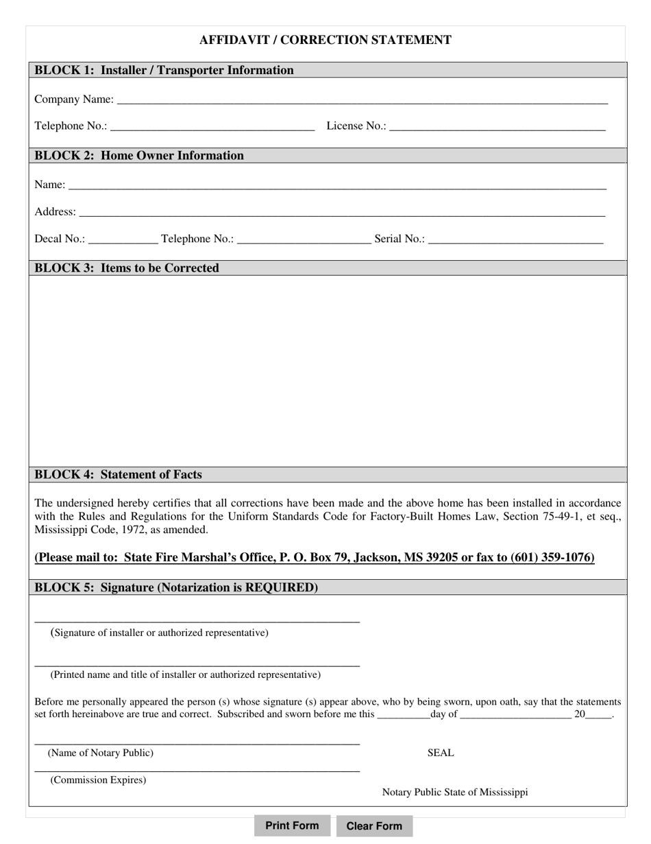 Mississippi Affidavit/Correction Statement - Fill Out, Sign Online and ...