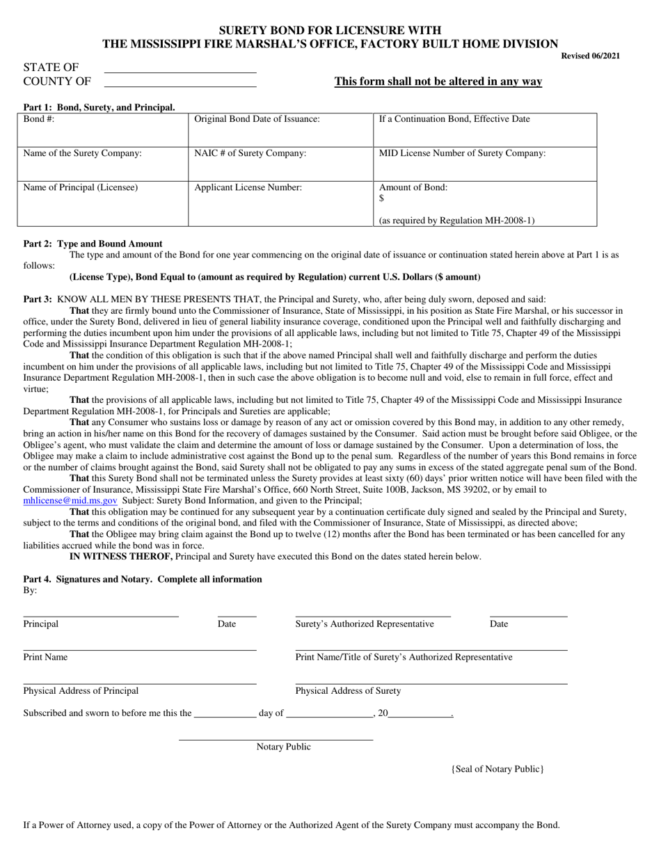 Surety Bond for Licensure With the Mississippi Fire Marshals Office, Factory Built Home Division - Mississippi, Page 1