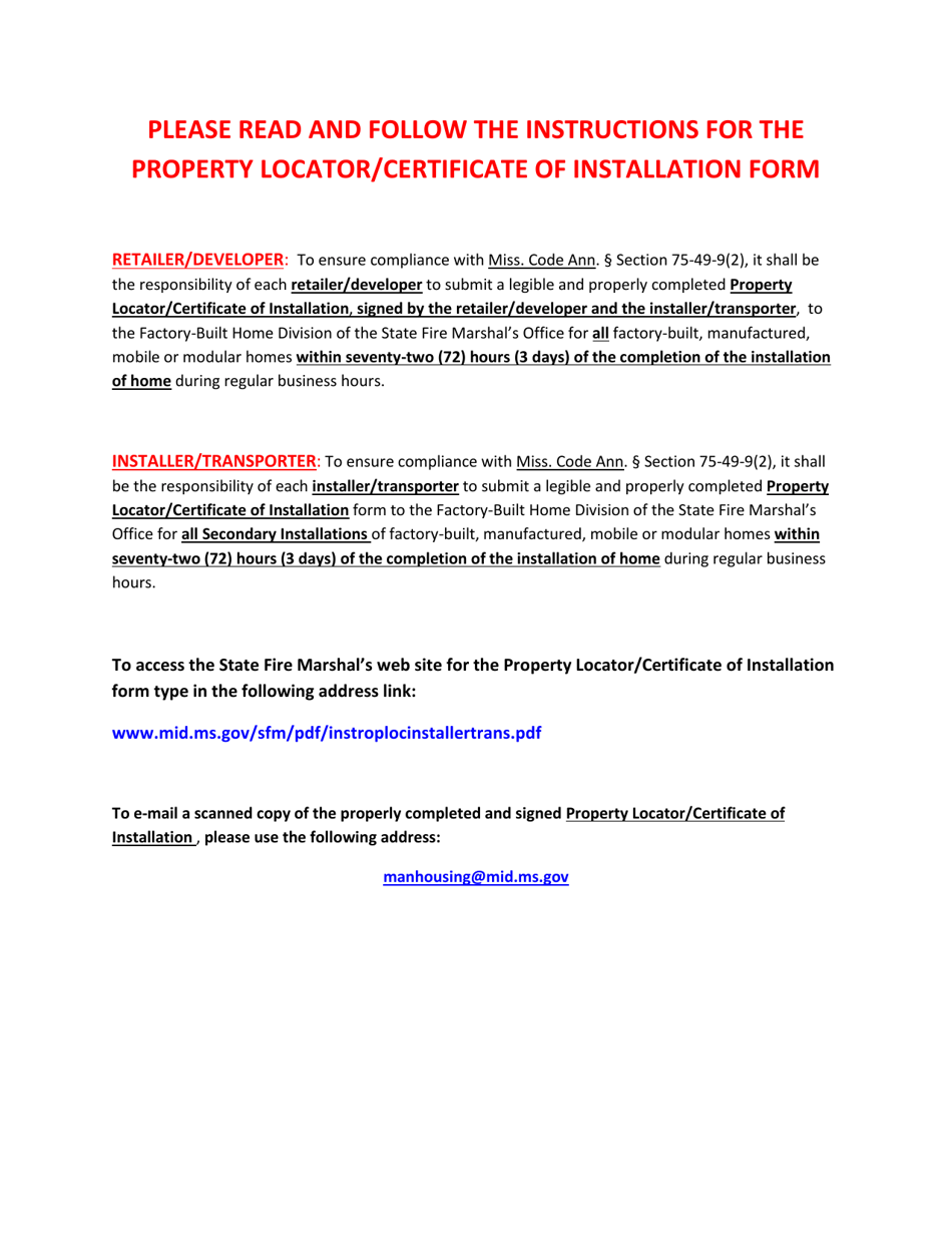 Property Locator / Certificate of Installation - Mississippi, Page 1