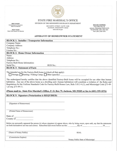 Affidavit of Homeowner Statement - Mississippi Download Pdf