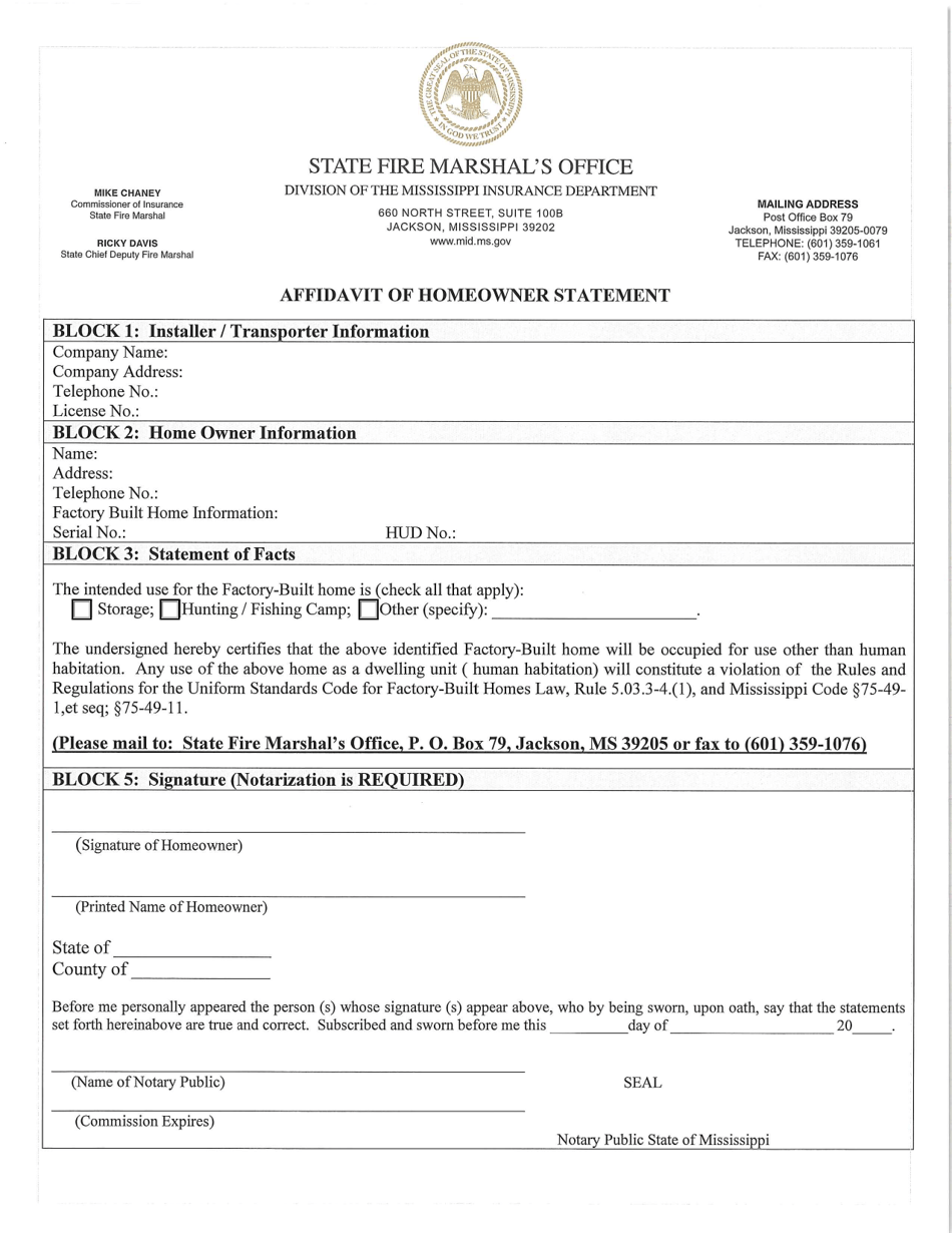Affidavit of Homeowner Statement - Mississippi, Page 1