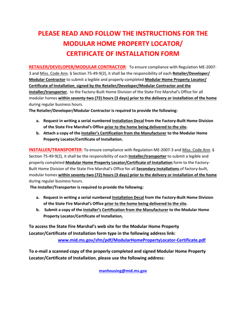 Modular Home Property Locator / Certificate of Installation - Mississippi Download Pdf