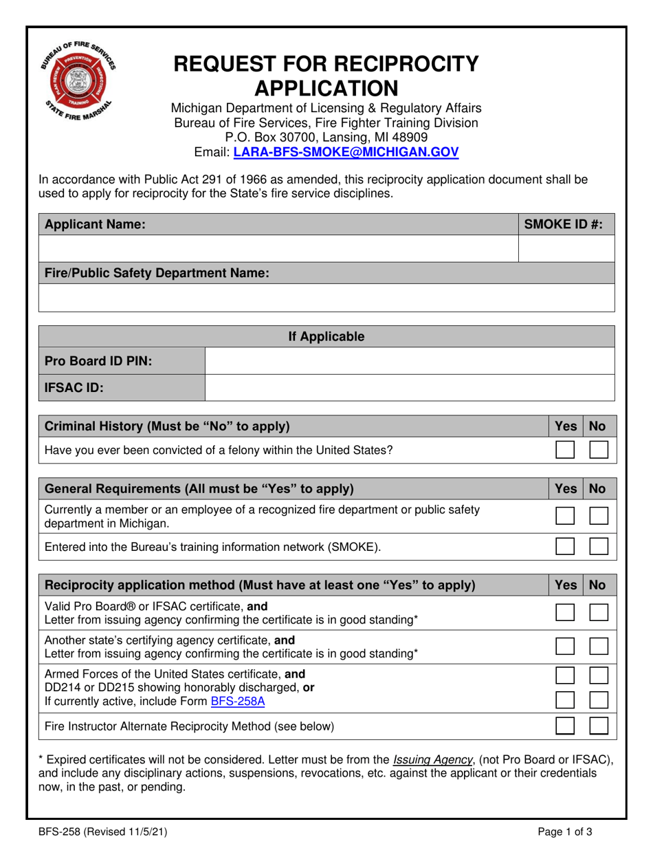 Form BFS-258 Request for Reciprocity Application - Michigan, Page 1