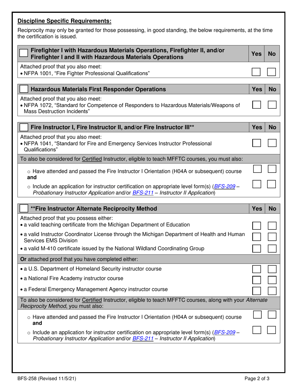 Form BFS-258 Request for Reciprocity Application - Michigan, Page 2